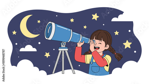 Enthusiastic young girl using a large telescope to observe the moon and stars in the night sky with a look of wonder on her face.