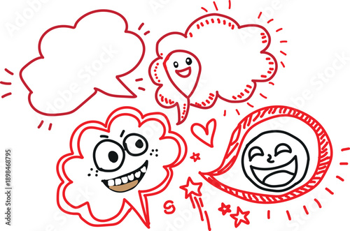 Cartoon drawing depicts several whimsical speech bubbles filled with expressive, happy faces, one with a wide joyful smile and another showing pure delight, surrounded by sparkling stars and hearts, p