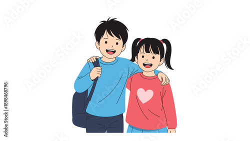 Happy young boy and girl standing together as friends with the boy carrying a backpack on his shoulder against a white background.