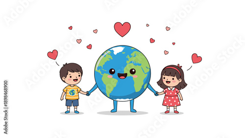 Happy cartoon Earth character holding hands with a boy and a girl surrounded by red hearts to represent love for the planet.