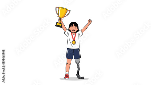 Brave young girl with a prosthetic leg proudly holding up a golden trophy and wearing a medal to celebrate her sports victory.