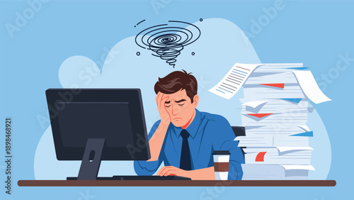 Overworked businessman sitting at his computer desk and feeling overwhelmed by a massive stack of paperwork and a headache.