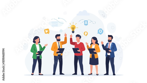 Teamwork innovation and idea generation concept, business people with laptops and lightbulb