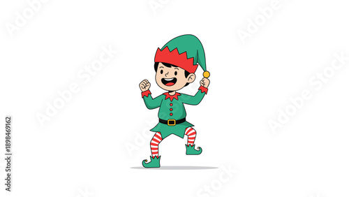 Energetic young boy in a green elf costume with a red hat dancing happily and celebrating the christmas holiday season.