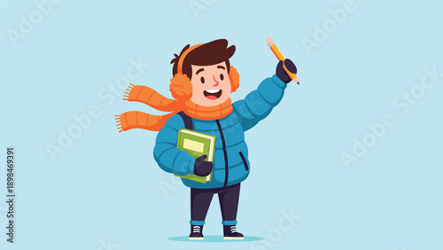 Young boy dressed in warm winter clothes holding a book and a large pencil as if ready for a cold weather school day.