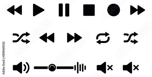 Simple glyph icon set featuring essential media player and audio controls for digital applications