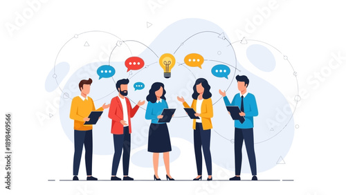 Diverse team collaborating on ideas, brainstorming, and communication with speech bubbles