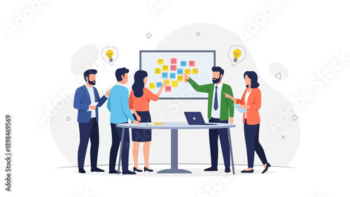 Teamwork brainstorming session with sticky notes on a whiteboard