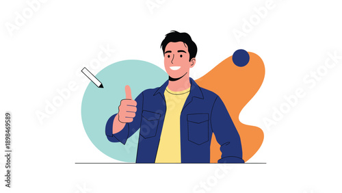 Confident young man in a blue shirt and yellow t-shirt gives a thumbs up gesture against an abstract shapes background.