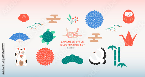和風 縁起物モチーフのフラットイラストセット｜ベクター