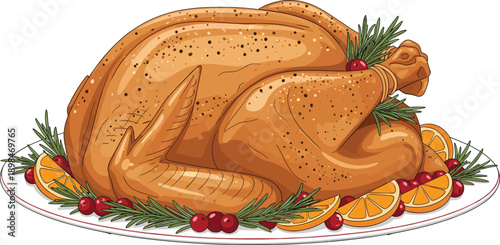 Roasted turkey on platter with oranges and herbs illustration, festive holiday meal, Thanksgiving or Christmas dinner food artwork