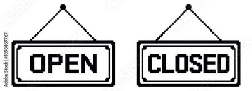 Pixel art open and closed signs set featuring text messages for business