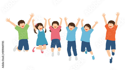 Group of six energetic children jumping in the air with arms raised against a white background to express pure happiness.