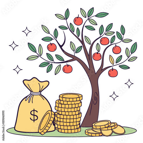 Cartoon tree with red apples and gold coins money bag