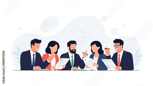 Diverse Business Team Collaborating at Table, Discussing Documents