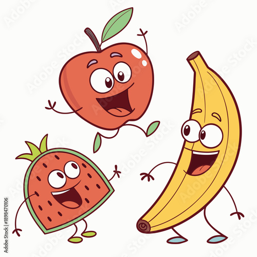 Cartoon fruits with smiling faces apple banana strawberry
