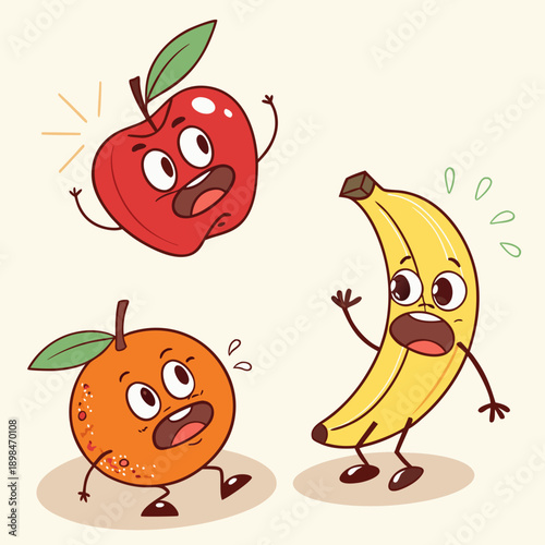 Cartoon fruits with shocked expressions apple