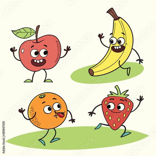Cartoon fruits with legs and arms apple banana orange