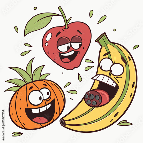Cartoon fruits with smiling faces banana