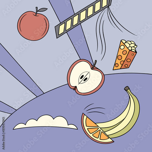 Cinematic fruit still life with strip and popcorn apple