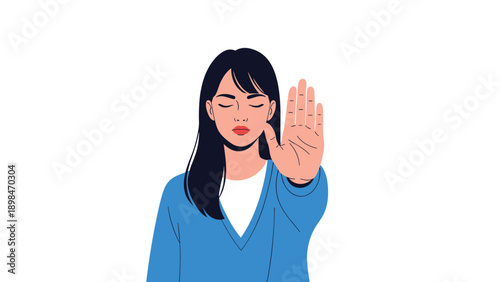 Serious woman with long dark hair holds up her hand in a firm stop gesture with her eyes closed in a calm manner.