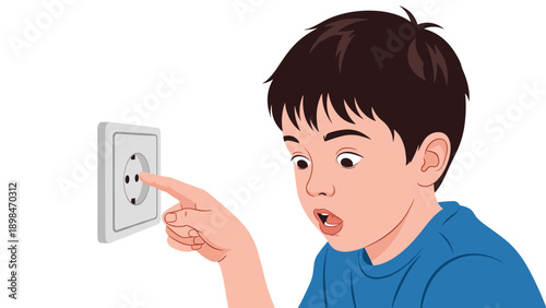 Curious young boy with a surprised expression is about to stick his finger into an electrical wall socket for safety warning.