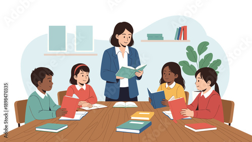Teacher stands at a table and reads a book to a group of four diverse students who are following along in their own books.