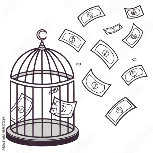 Floating birdcage with money flying out dollar bills