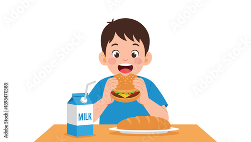 Hungry young boy opens his mouth wide to take a big bite of a delicious burger with cheese and lettuce at the table.