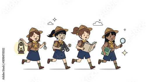 Group of four diverse girl scouts in uniform running enthusiastically while carrying camping gear like a lantern, binoculars, and a book.