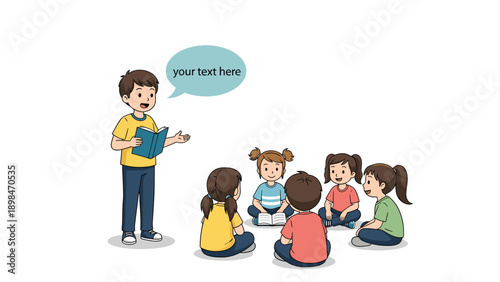 Male teacher standing and reading a book aloud to a group of young children sitting in a circle on the floor during story time.