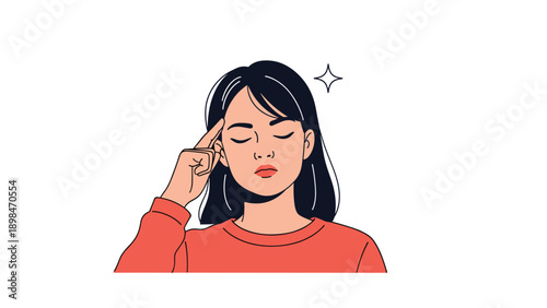 Young woman with eyes closed and finger on her forehead focusing deeply to think of a new idea or solve a complex problem.