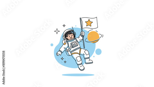 Brave young astronaut in a space suit floating on the moon while holding a flag during a successful space exploration mission.