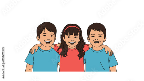 Three young happy children, two boys and one girl, hugging each other warmly to celebrate their friendship and close sibling bond.