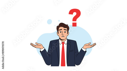 Confused businessman in a suit shrugging his shoulders with a red question mark above his head to signify uncertainty or lack of information.