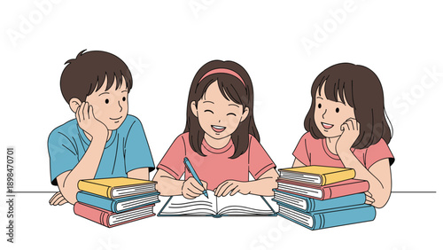 Three young students, one boy and two girls, sitting at a desk with stacks of books while studying and taking notes together for a school project.