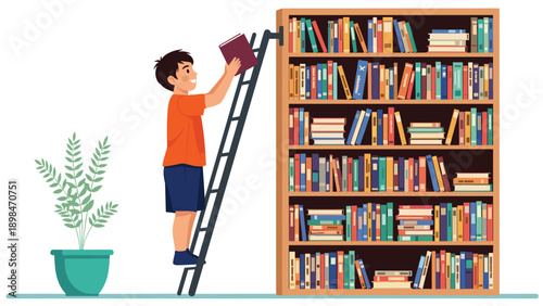 Young boy climbs a ladder to reach for a specific book on a tall bookshelf filled with various colorful volumes in a home library.