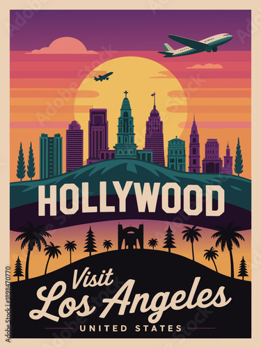 Hollywood Los Angeles Typography Design Featuring Bold Title and Cursive Travel Text
