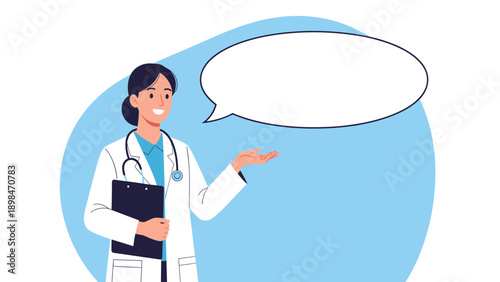 Friendly female doctor wearing a white coat and stethoscope holds a clipboard and gestures toward a large empty speech bubble.