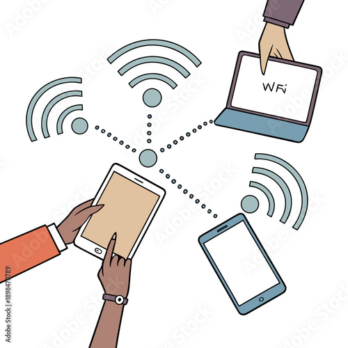 Flat realistic of multiple hands holding devices with wifi signals