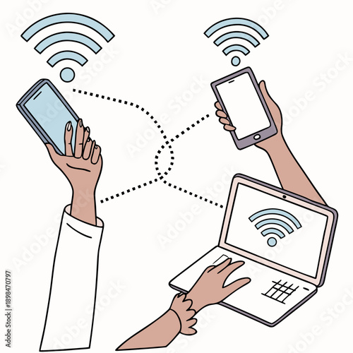 Flat realistic of multiple hands holding devices with wifi signals 1
