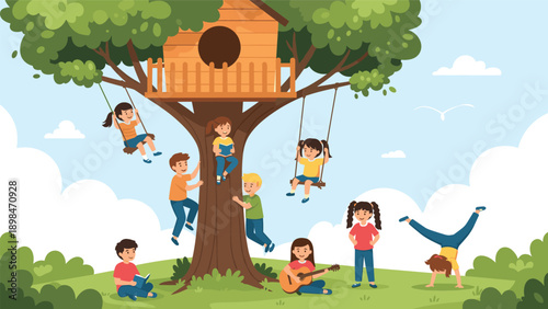 Large group of children enjoy various activities like swinging, climbing, reading, and playing guitar around a big wooden treehouse.