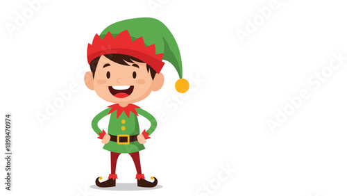 Happy young boy dressed in a green and red Christmas elf costume stands with his hands on his hips and a big smile.