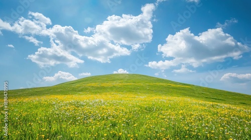 A lush green hill dotted with wildflowers under a bright blue sky with fluffy white clouds drifting by