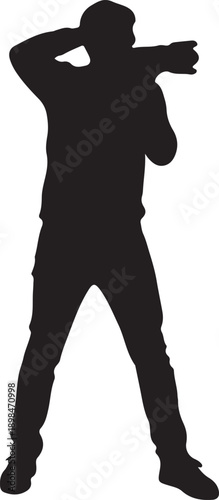 A passionate male photographer, captured in a dynamic silhouette against a brilliant white background, actively aims a large professional camera with a telephoto lens, demonstrating focus and artistic
