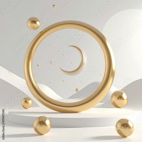 Golden Ring Encircles Crescent Moon and Spheres on White Stage with Soft Lighting and Subtle Star Accents