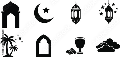 Islamic Ramadan Icons Mosque Moon Lantern Palm Tree Clouds muslim