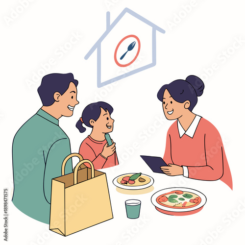 Family ordering food delivery at home with menu meal