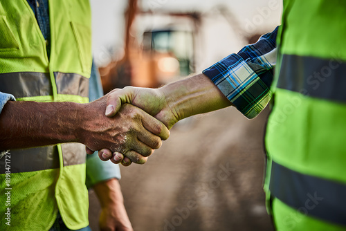 Handshake in the construction zone: Two construction workers sealing a deal with a firm handshake, showcasing teamwork and partnership on a bustling job site. 