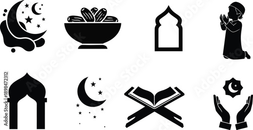 Islamic Symbols Crescent Moon Dates Arch Prayer Book Hands Offering muslim ramadan